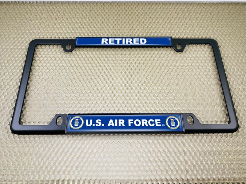 BestLicensePlateFrames [Officially Licensed Product] - USAF - U.S. Air Force Retired - Domed Custom-Made Personalized Narrow (Thin) Top 4 Hole Metal Car License Plate Frame with Free caps - Black Frame (Qty: 1) - Image 4